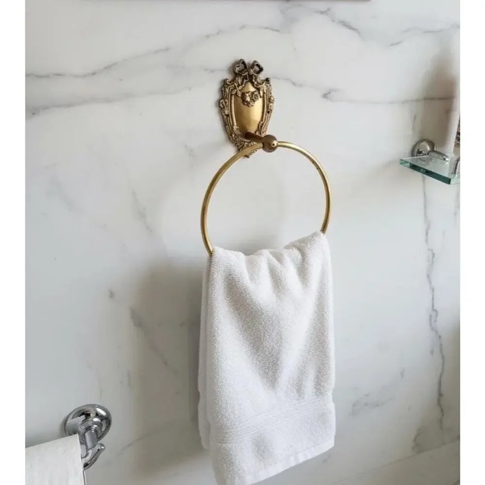 Antique Brass Bathroom Hardware  | Solid Brass Towel Ring & Toilet Paper Holder